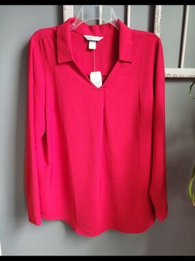Christopher & Banks Women’s Red V-Neck Long Sleeve Blouse, Large
